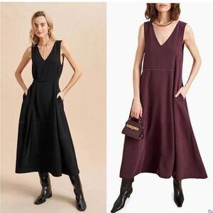 V-Neck Sleeveless Midi Dress in Black and Plum